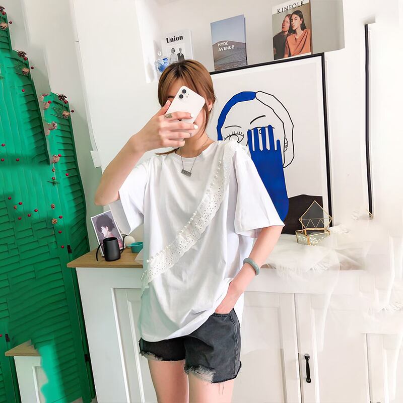 ラウンドネックレースルーズソリッド カラーTシャツ トップス 大きめサイズ Oネック ソリッドカラー ステッチ ミックスインファッション12155201727