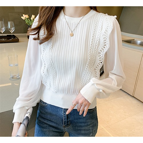 長袖ニット 無地 バブル袖 シフォンステッチ ラウンドネック プルオーバー 長袖 着痩せ 春秋服 通勤通学 スリム 体型カバー レディーストップス フェミニン エレガント おしゃれ レース袖 可愛い
