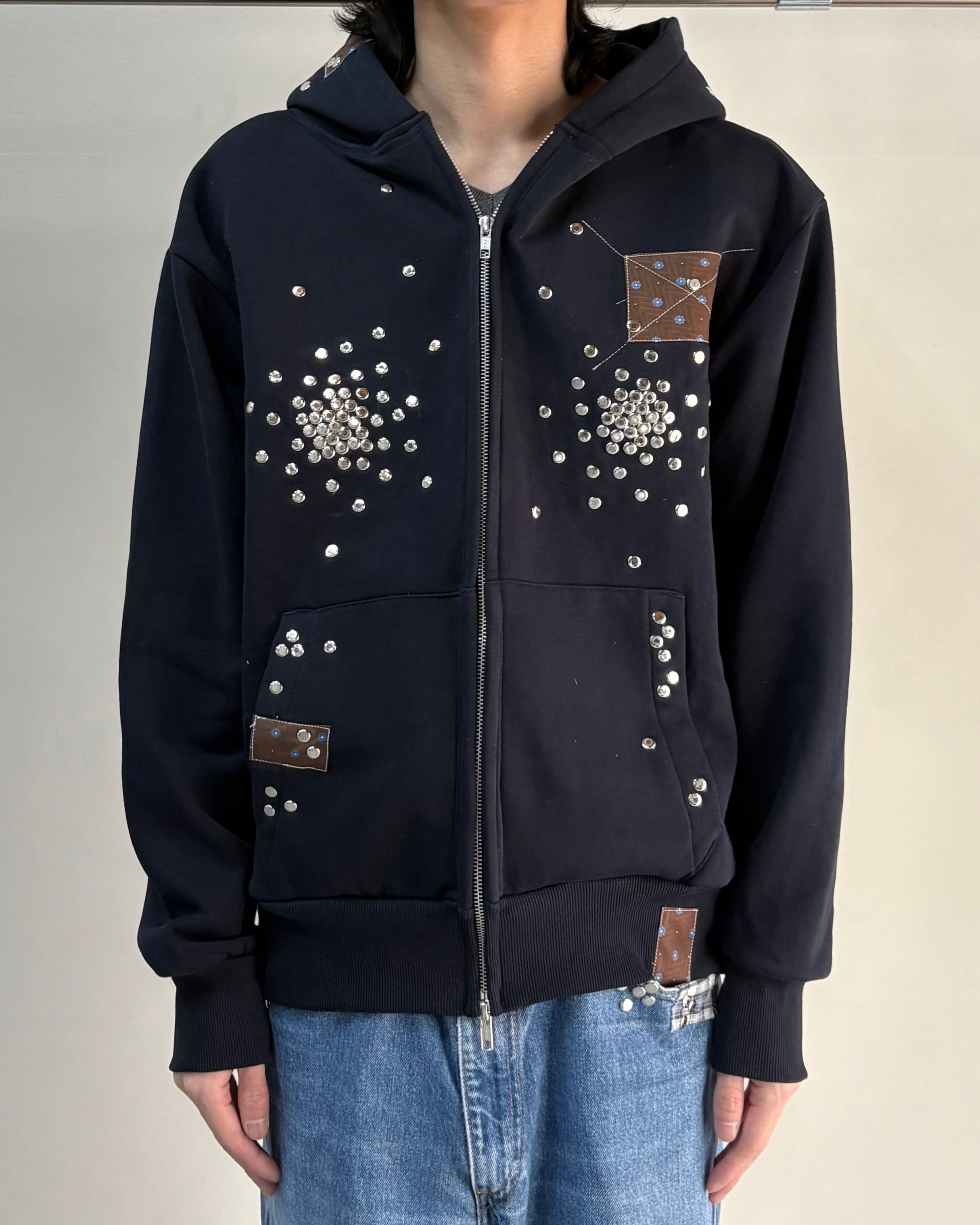 Hannah Creak】Studded Hoodie Double Zip Grey | blendmarket