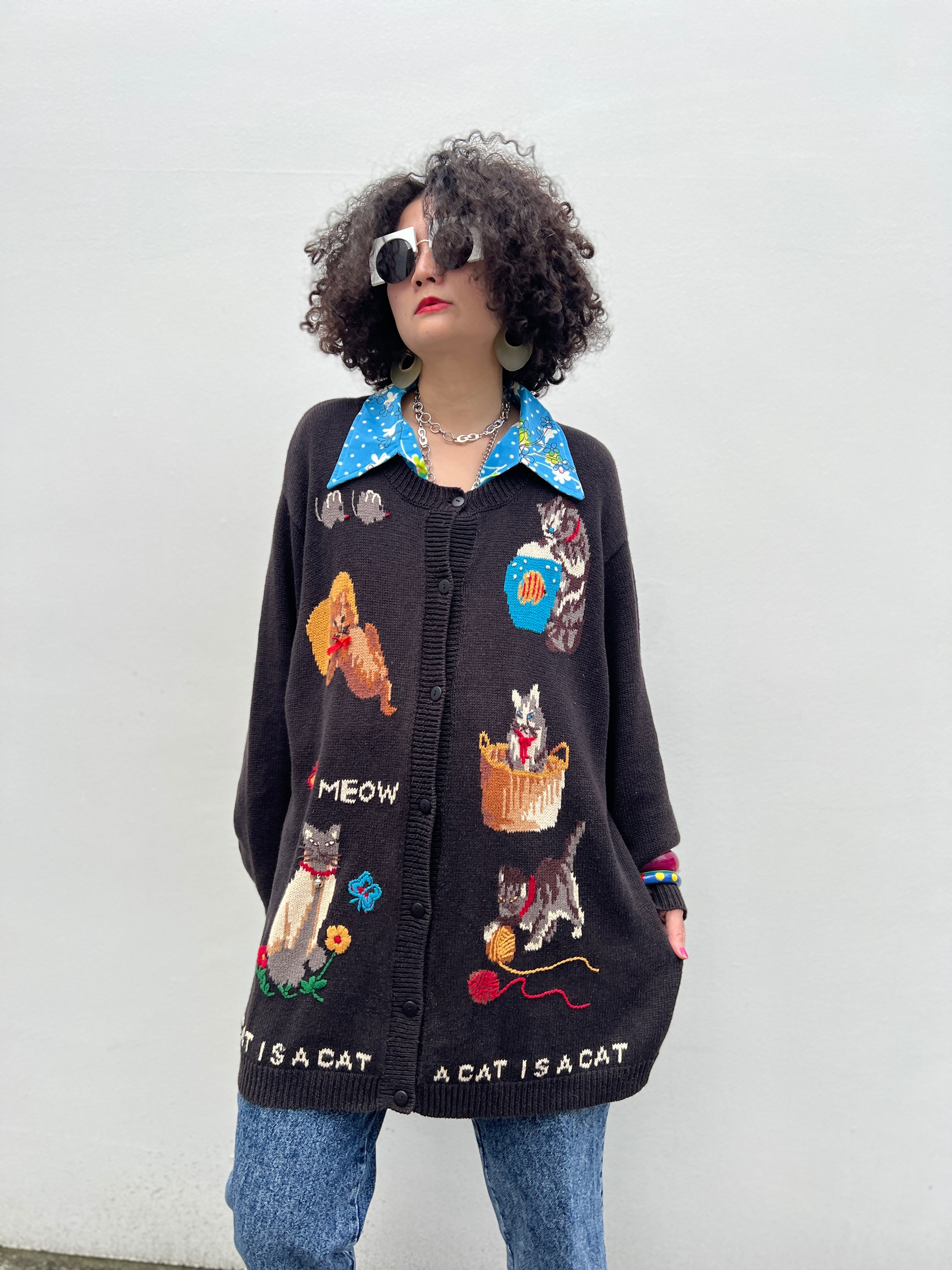 Vintage big size black × ramie cotton cat cardigan