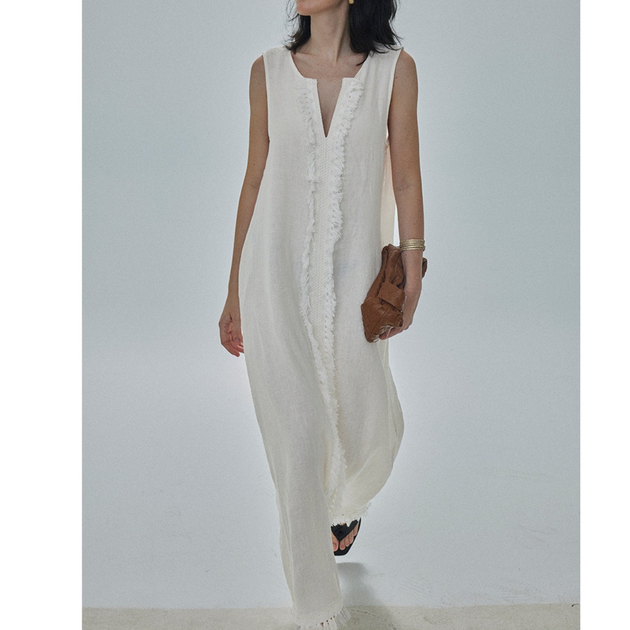 Fringe-Trimmed Maxi Sleeveless Dress T4335