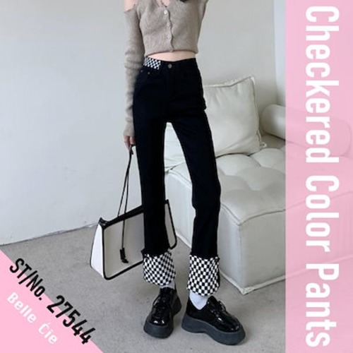 チェッカー ブロックチェック ロングパンツ パンツ パンツ レディース 配色 バンド ダンス 衣装 ストレッチ デザインパンツ オールシーズン