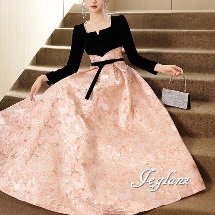 パーティ イブニングドレス 異素材 パール付き 配色 クラシカル 半袖/長袖( M6462)ζ