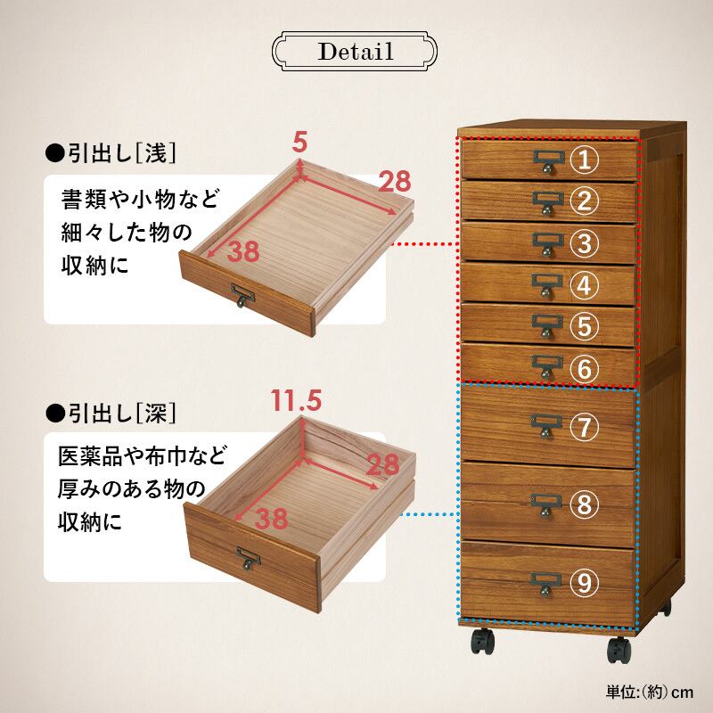 【組立式】キャスター付き書類チェスト 9段 B4サイズ収納可能 アンティーク 木目調 インテリア 3色展開 幅33cm