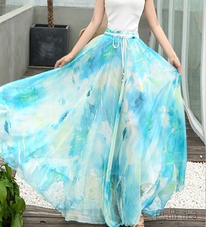 ★送料無料★フリ－☆花柄プリントシフォンフレア－スカ－ト (SKN9574)