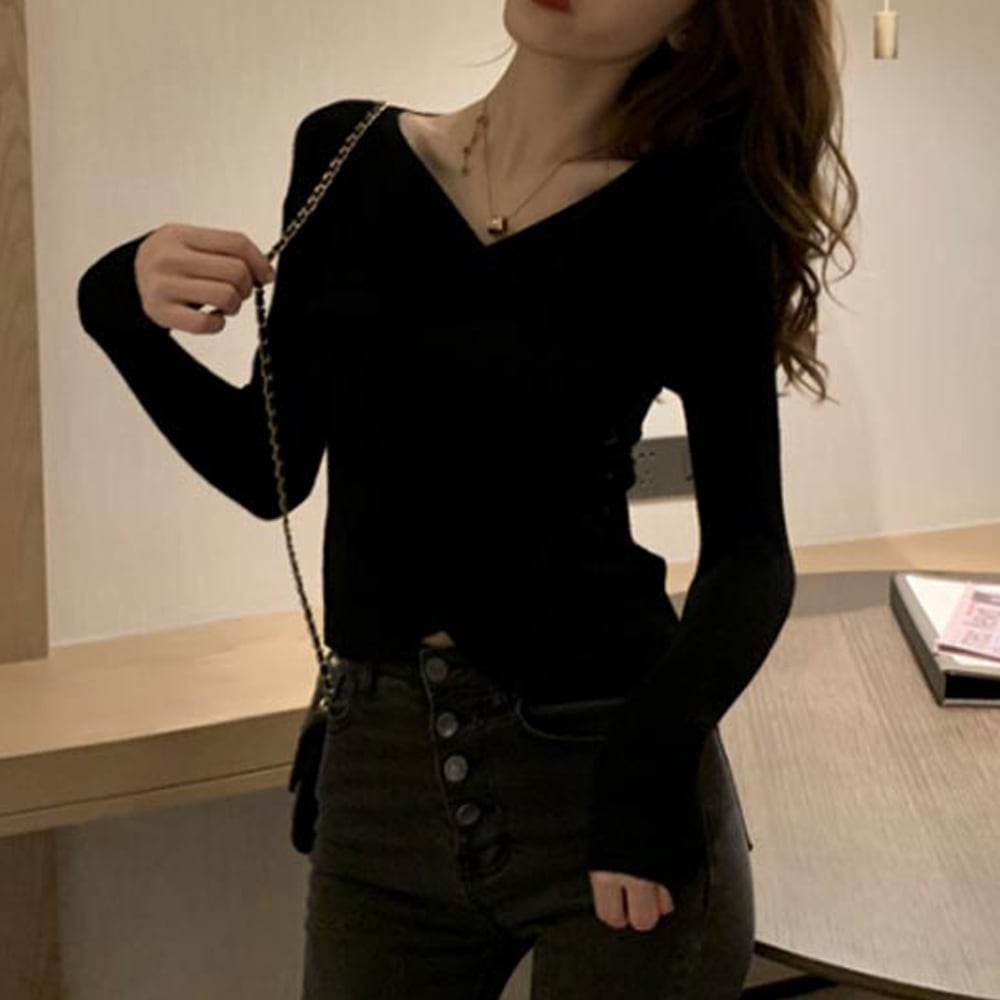 カシュクール風 リブニット トップス レディース ニット 春秋冬 韓国 おしゃれ きれいめ 大人 かわいい カジュアル Vネック 大人可愛い 大人女子