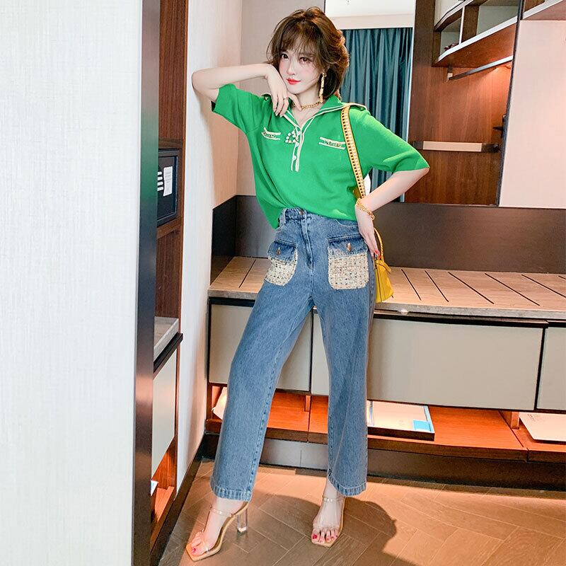 ハイウェストカラーツィードポケットルーズジーンズ サマースタイル 夏物 MIUCO86184234196