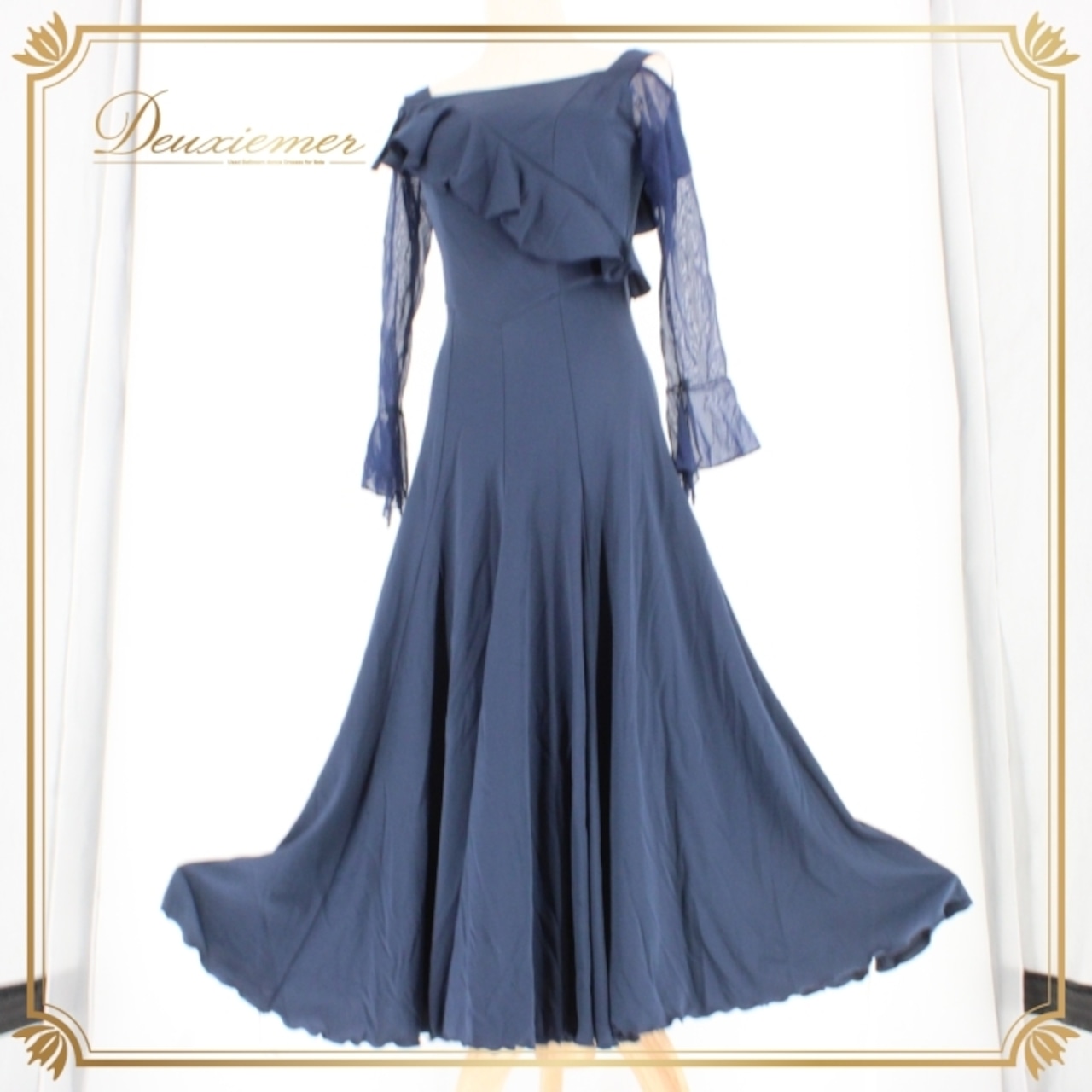 社交ダンス 衣装 スタンダード ドレス ワンピース レッスンウェア パーティドレス 紺 ネイビー系 無地 レース シンプル フォーマル 長袖 上品 ダンス衣装 フレアスカート 袖あり 日本製 美しい デザイン あなたの舞台 映える コーディネート トレンド 着こなし 伸縮性 おしゃれ 高品質 豪華 パーティー 着心地 結婚式 二次会 謝恩会