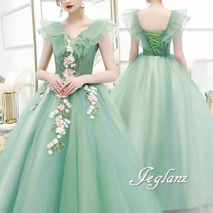 華やか ウエディング カラードレス 背中 編み上げ フリルカラー(M8735)π