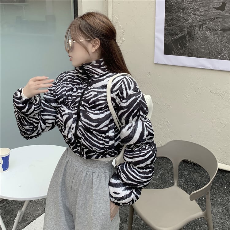 ☀☀  00s y2k ドクロ ゼブラ 柄 ジッパー トップス 短いスタイル コットンの服 スタンドカラー 長袖 ジッパー ライン 伸縮