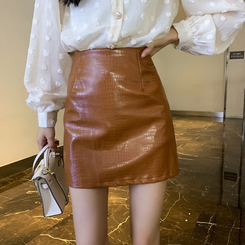 オータムスタンダードハイウェストウェストレザースカート Aライン レトロ 秋物 6Du_Shop_Women96895353326