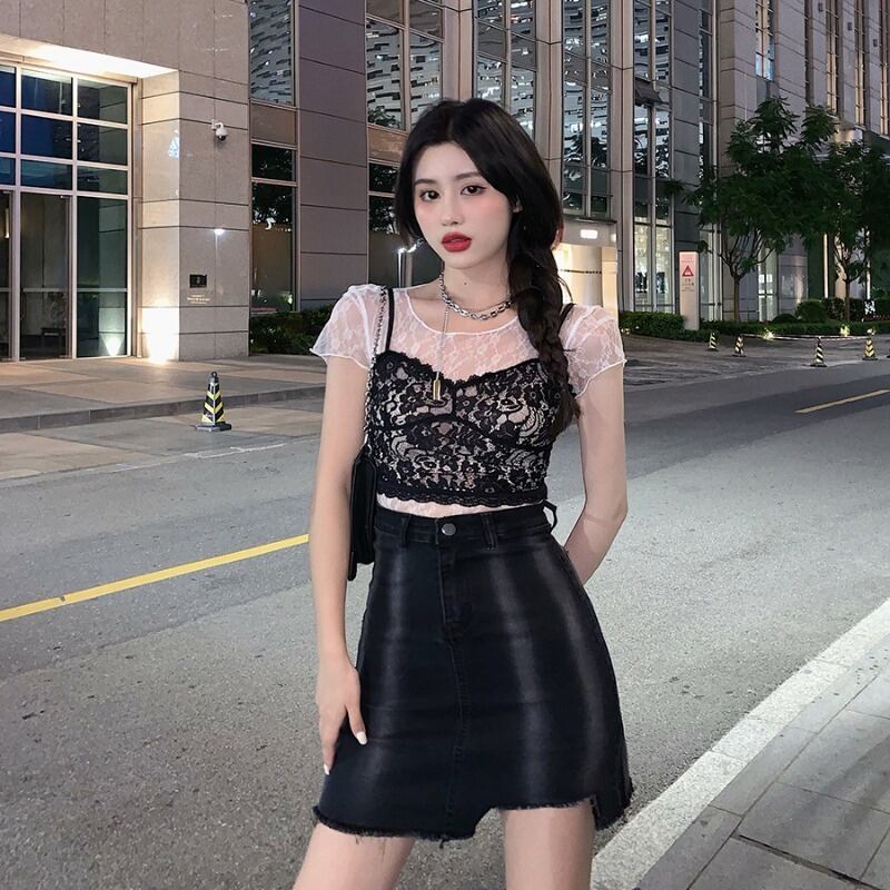 ウエスタンスタイルのレーススーツの女性の夏の白いメッシュトップ2020新しい黒のノースリーブスリングファッションツーピーススーツ ブラックストロベリース98351364237