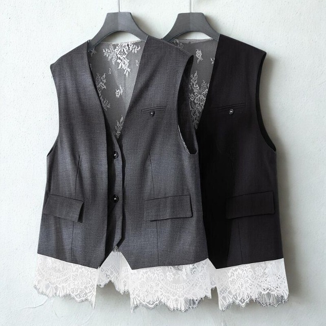 Lace layered tailored vest 2 colors　V2554