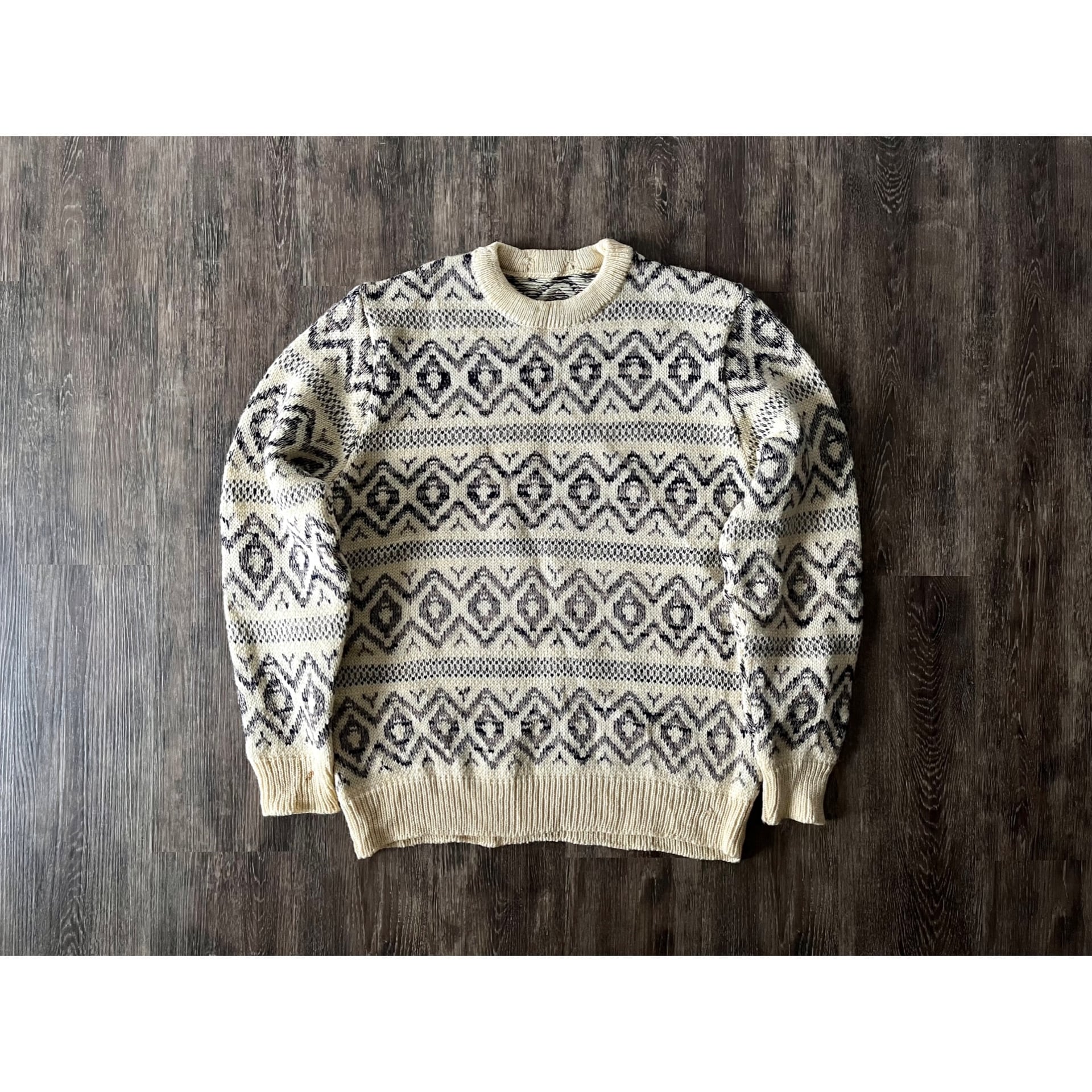 70s- vintage fair isle pattern wool knit sweater ivory フェア