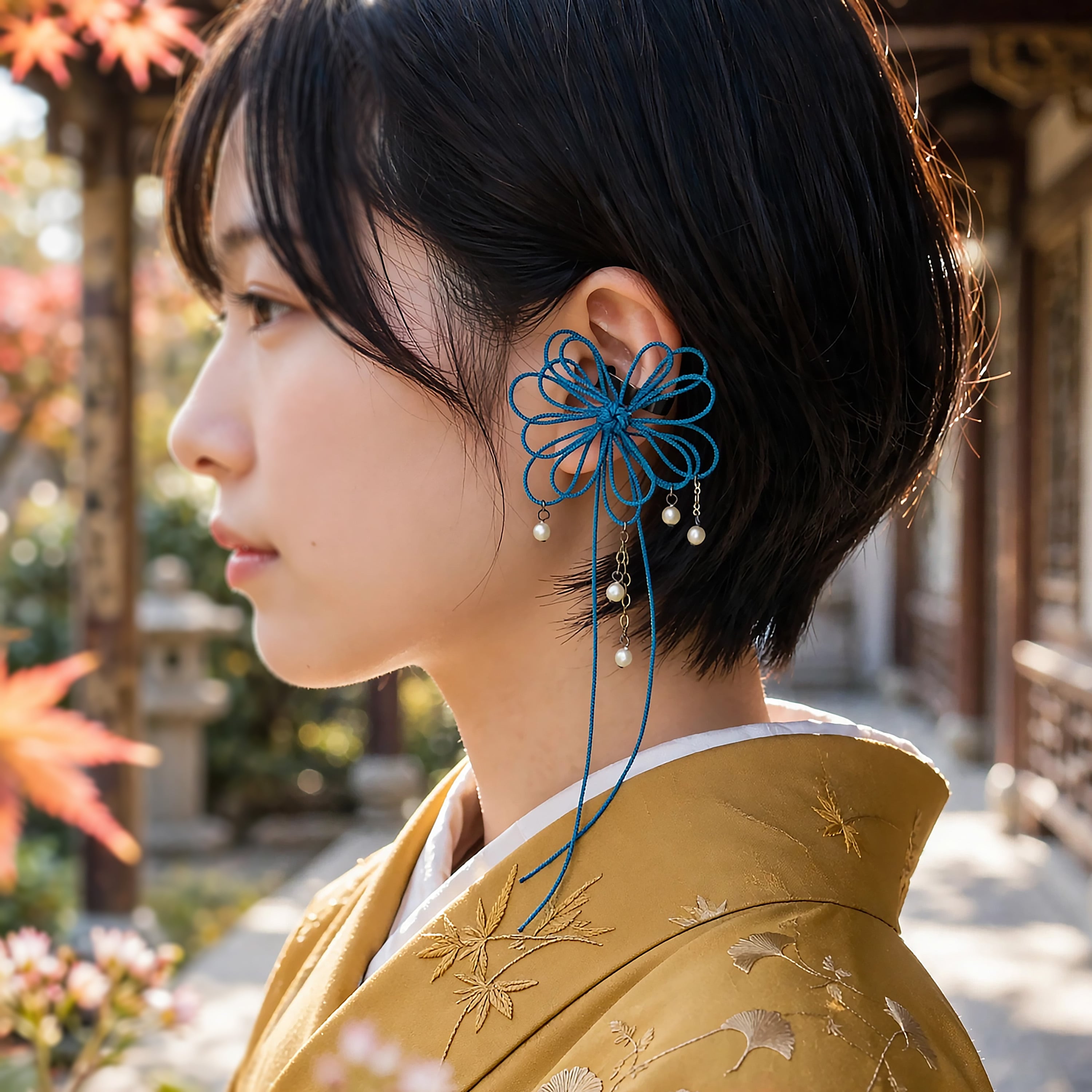 飾り結びかたっぽイヤーカフ「ヒタ降リ揺レル」【軽量】+グラスパールで浴衣・着物・洋服に。