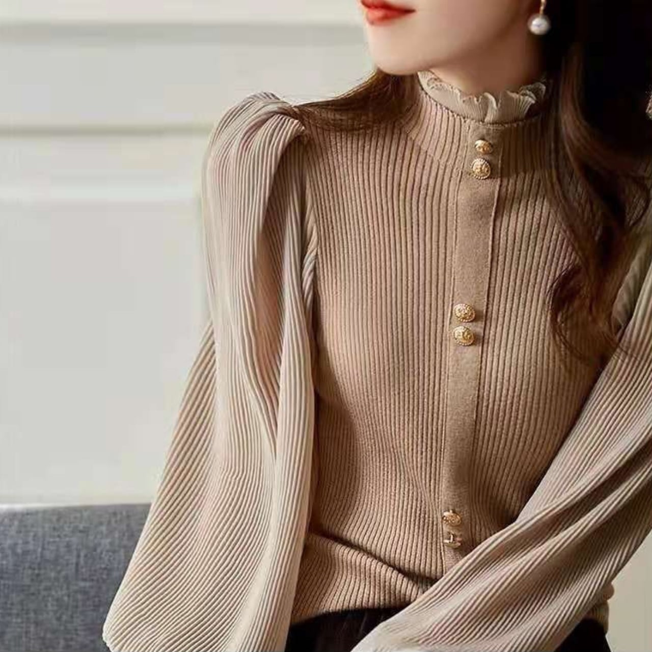 プリーツ袖バルーンスリーブハイネックニットトップス K1008