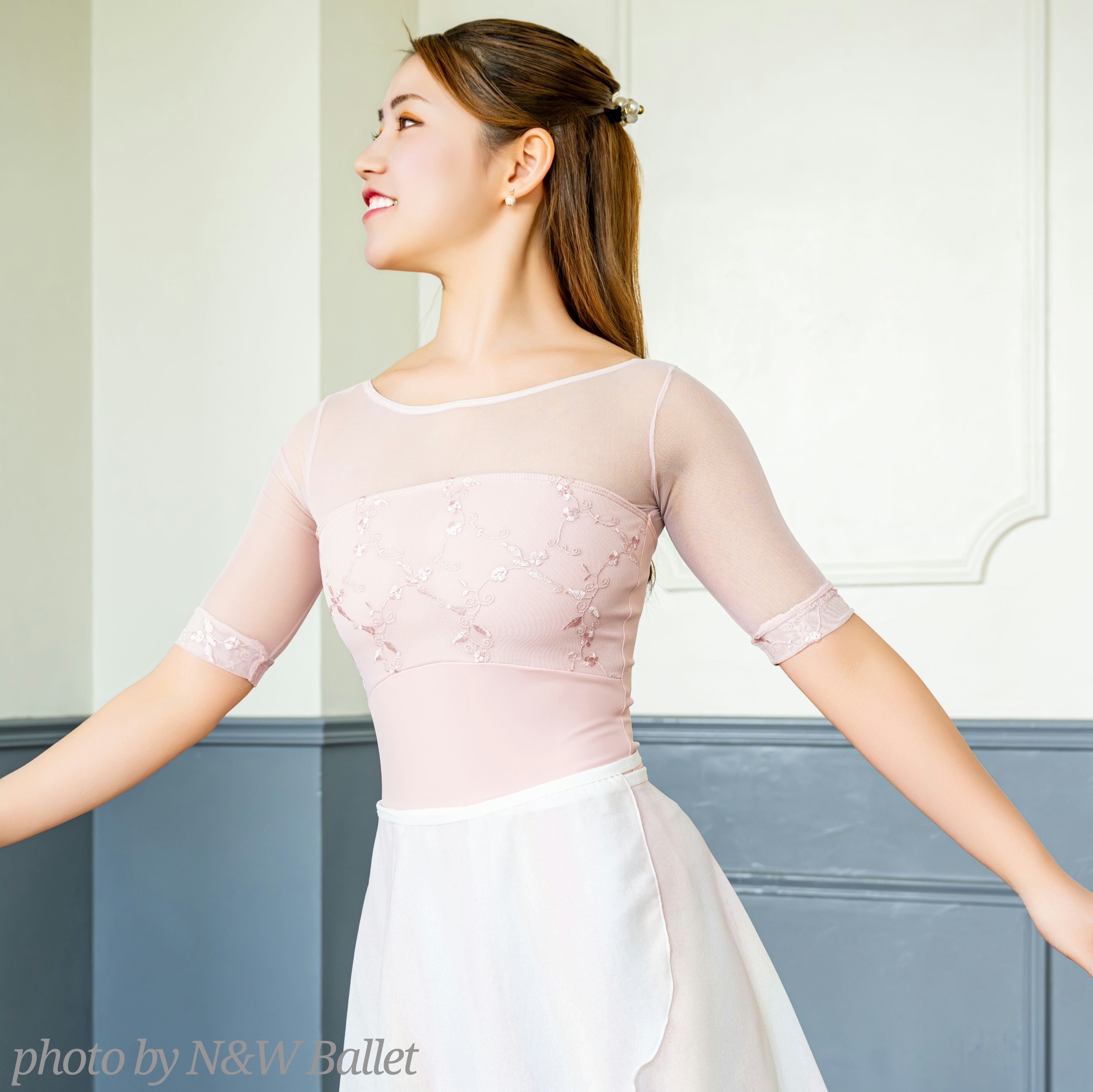 刺繍五分袖レオタード(パステルピンク) | Ballet Shop Flora（バレエ