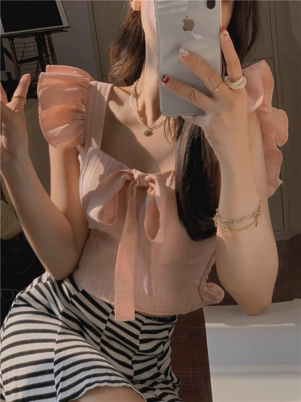 リボンショートトップス D1307