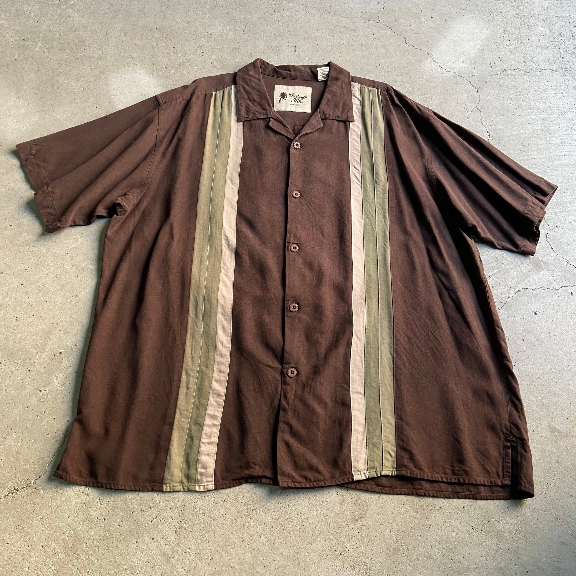 ビッグサイズ Vintage Silk 切替 開襟シャツ シルクシャツ オープン ...