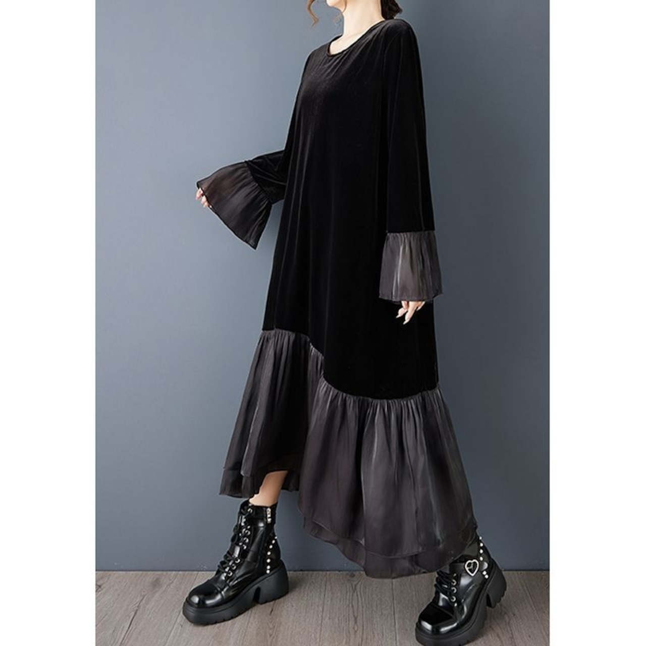 ベロア調 コントラスト ワンピース 60057