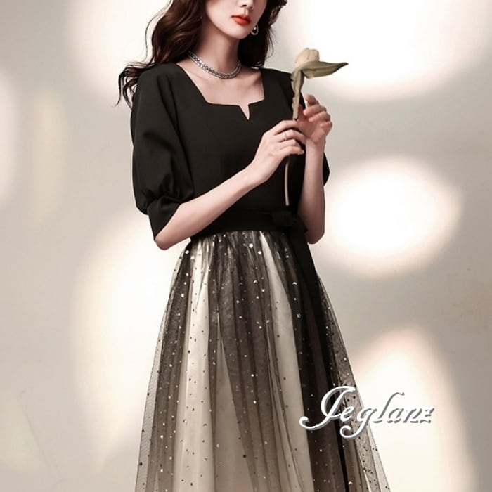 パーティ ドレス 異素材 チュール ラメ入り 光沢感 5分袖 ミドル/ロング(M8378)ζ