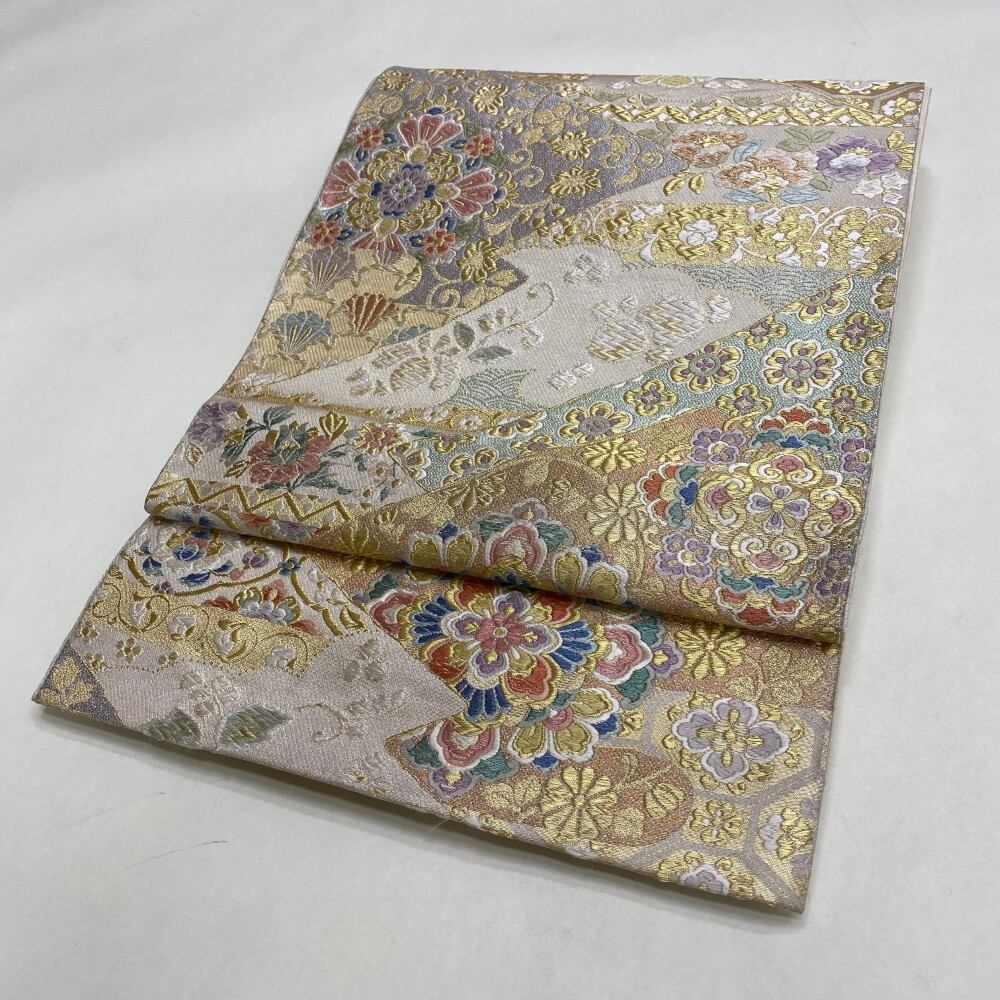 中古 礼装袋帯 正絹 連続模様 六通柄 シルバー Cランク 424cm 5949