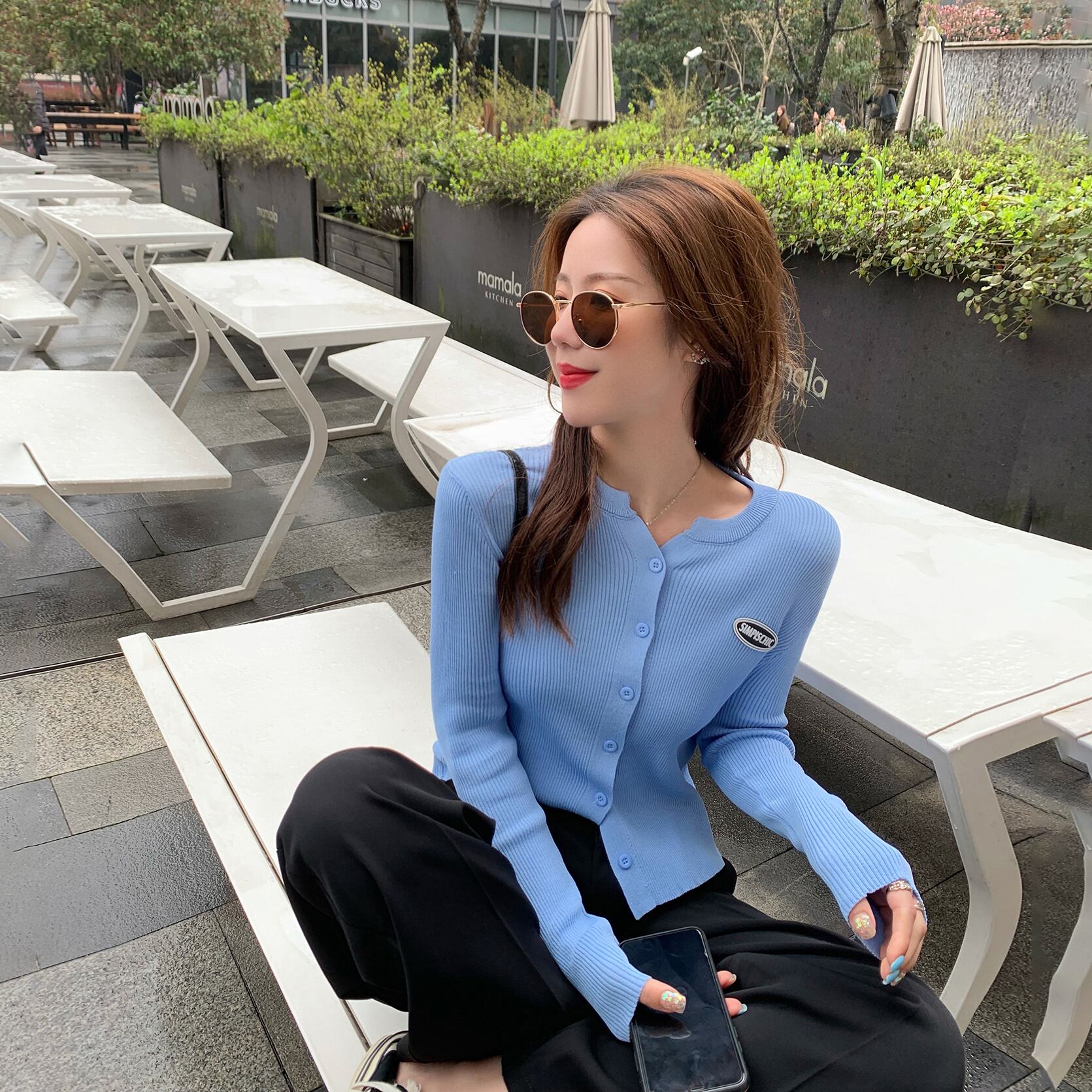 スプリングサマースリムショートニットカーディガン薄手ブルートップス 春物 夏物 6Du_Shop_Women77584854104