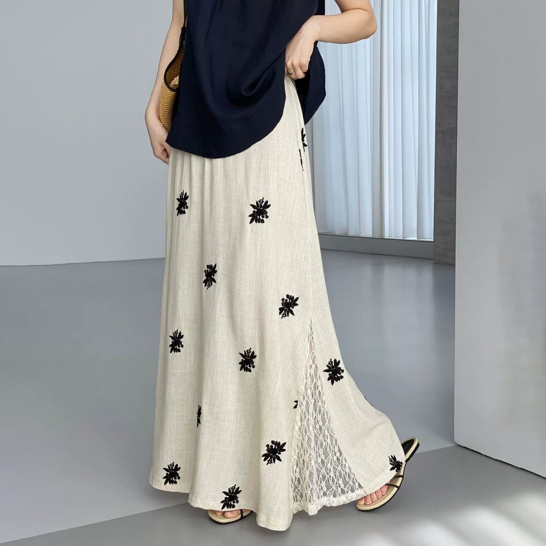 floral embroidered lace slit maxi skirt 14528