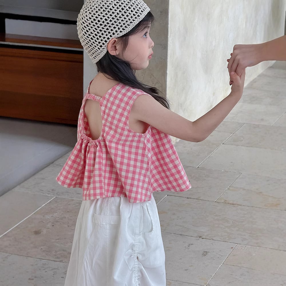 【 キッズ 90-150cm 】バックオープンギンガムチェックトップス