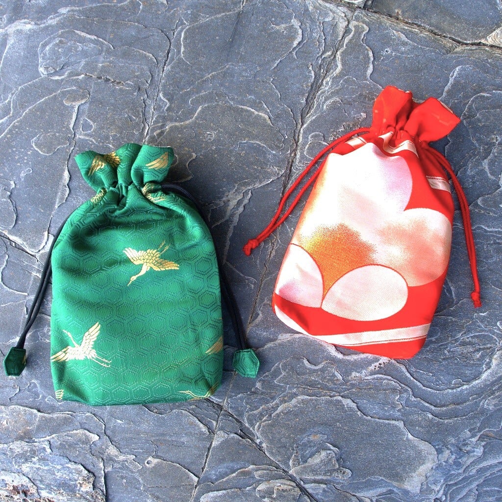着物リメイク*御朱印帳ケース（巾着袋）鶴亀柄 Kimono upcycling
