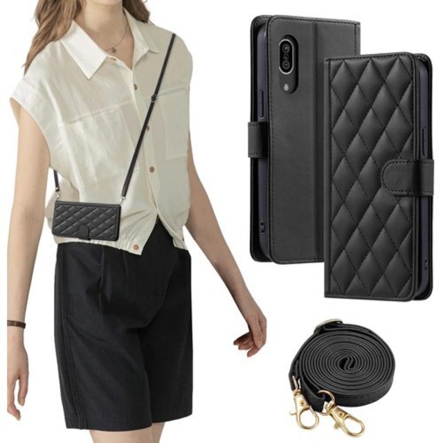 laddutoi FOR sense3 lite/sense3 basic/SH-02M/SHV45/SH-RM12/Android One S7 対応 ケース aquosセンス3 ケース 手帳型 おしゃれ ストラップ付き スタンド機能 カード収納 軽量 薄型 耐衝撃 高級PUレザー 滑り防止 財布型 内蔵マグネット 開閉式 チェック柄 上質 耐摩擦 マグネット式 肩掛け 斜め掛けーブラック 2330