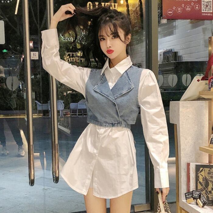 スプリングカジュアルシャツ ドレス 春物 ハンチェンe84235168362