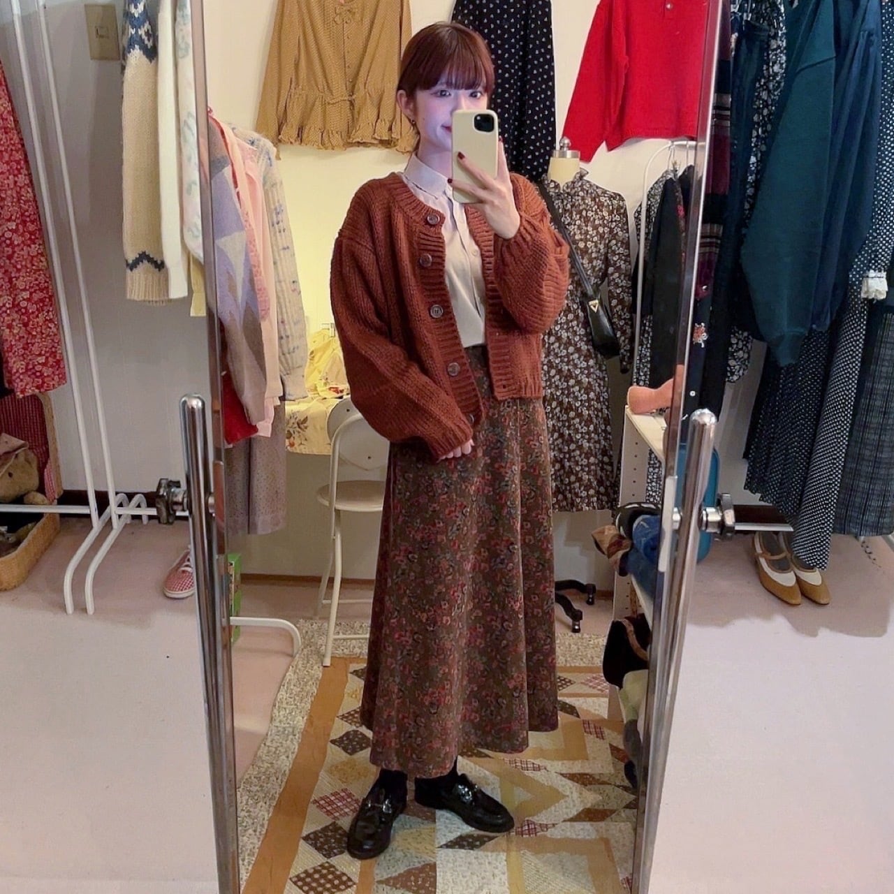 dark brown flower corduroy skirt