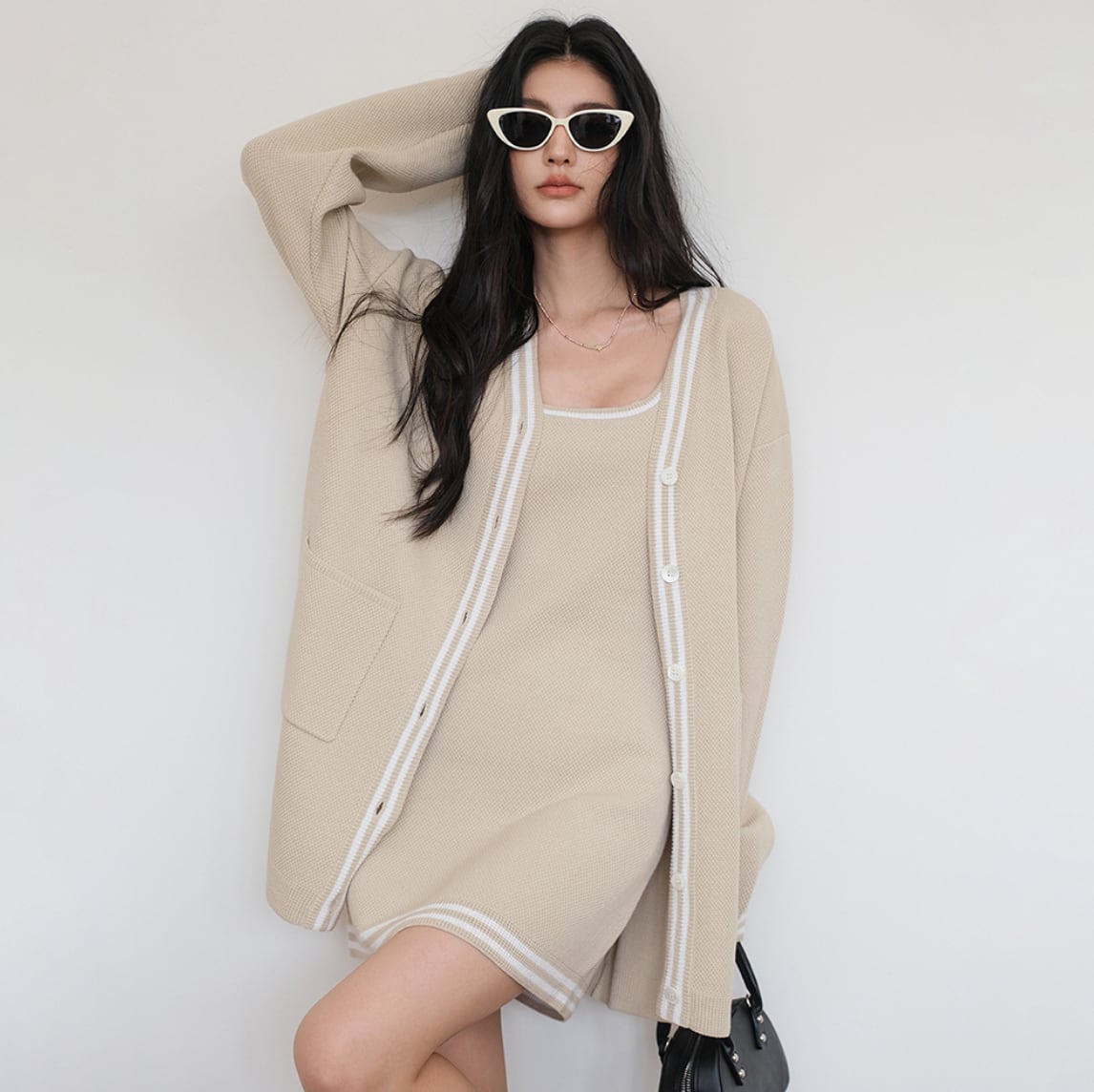 【set】カーディガン×ノースリーブミニワンピースセット K0505