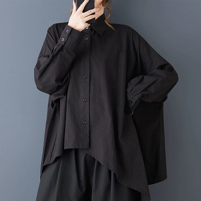 BLACK A-LINE ASYMMETRIC DESIGN LONG SLEEVES SHIRT 1color M-15180