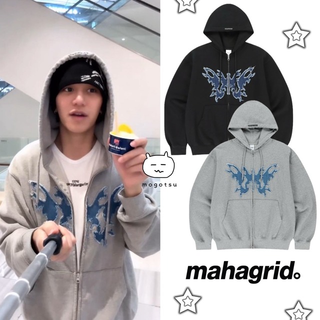 ★NCT ルカス 着用！！【MAHAGRID】BUTTERFLY APPLIQUE HOOD ZIP-UP - 2COLOR