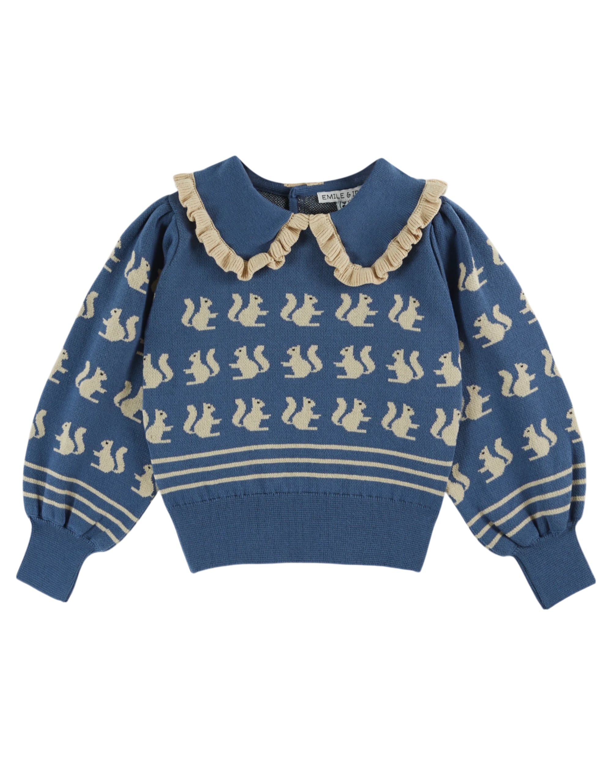 size 2A 3A 4A【Emile et Ida】Blue organic cotton squirrel jacquard sweater