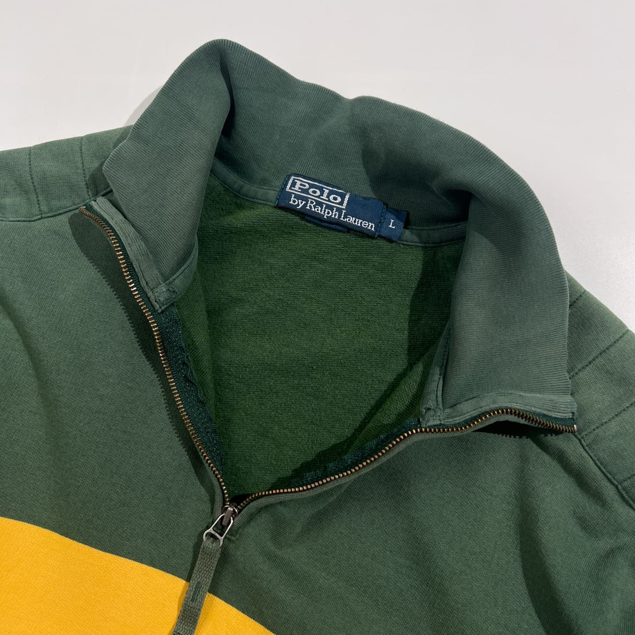 90s Polo by Ralph Lauren ポロ ラルフローレン エルボーパッチ ハーフジップ プルオーバー トレーナー L/グリーン×イエロー系 メンズ ビンテージ