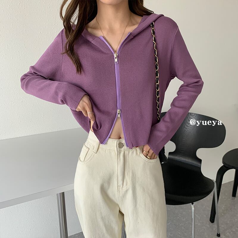 オータムフードショート長袖スリーブニットトップス レディースセーター カーディガンジャケット ロング 秋物 クレセントシティ889399502