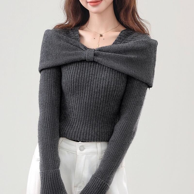 bow collar long sleeve ribbed knit top m1202
