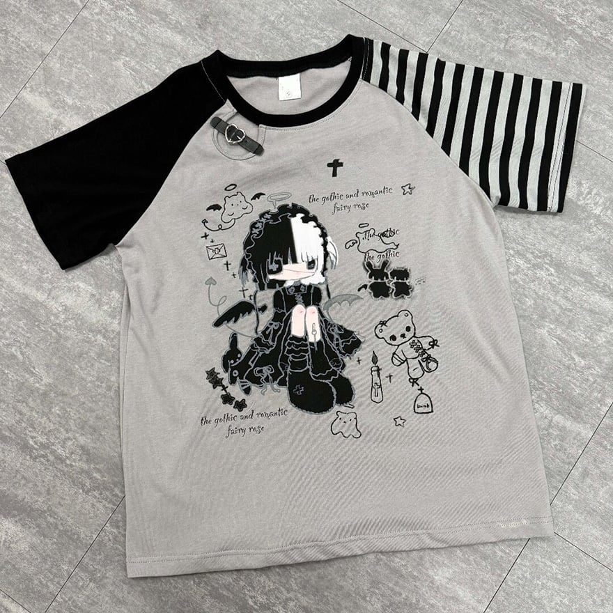 ライブ参戦服 メンヘラぴえん系 病みかわアシメ袖ラグランT