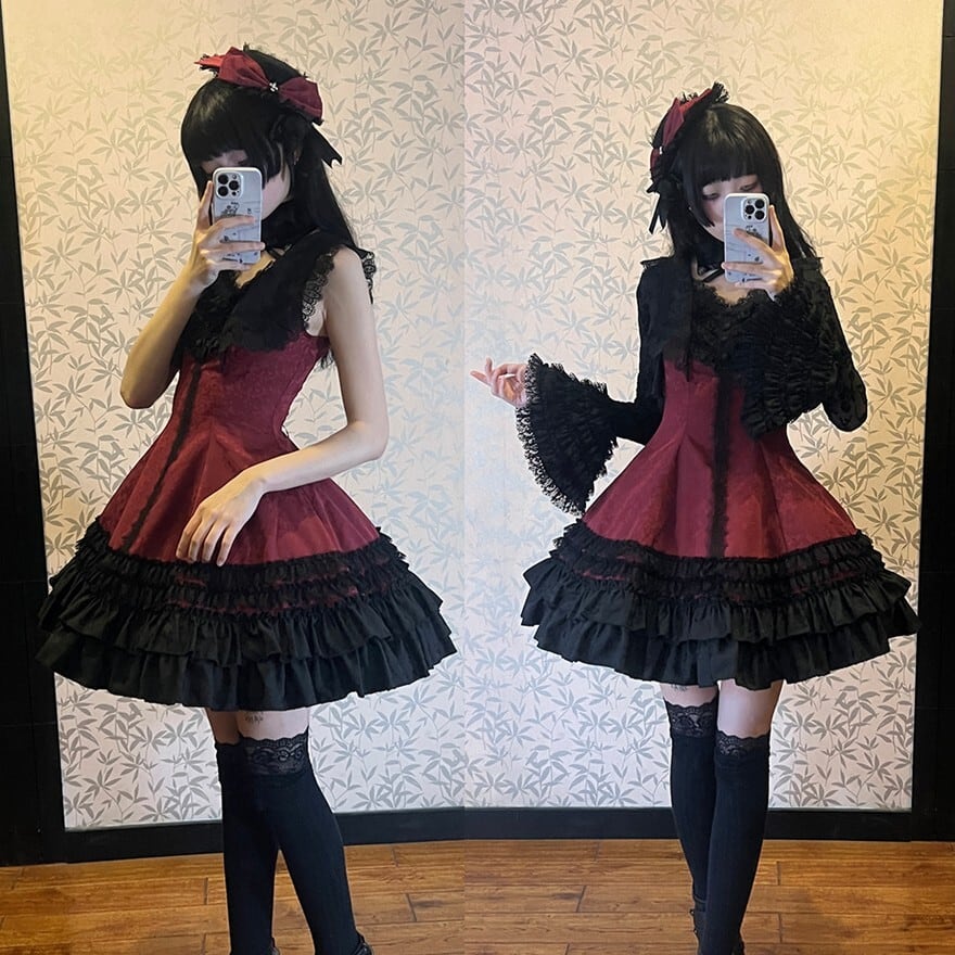 ゴスロリ ドレス ジャガード生地 フリル レース ダークファッション