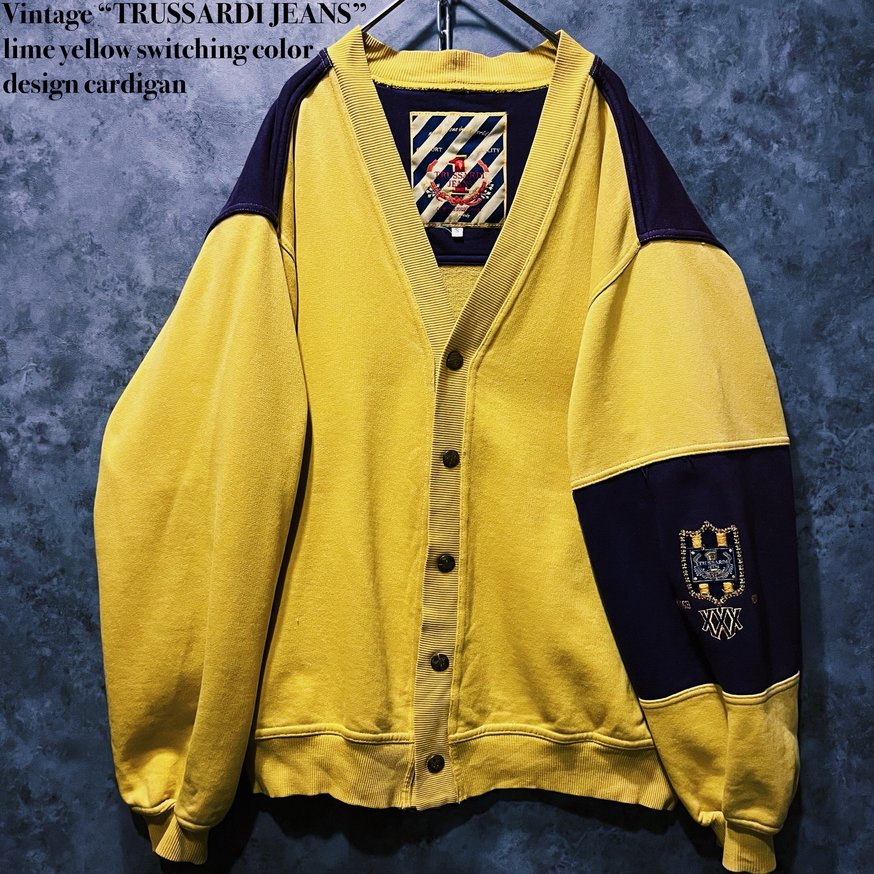 【doppio】Vintage “TRUSSARDI JEANS” lime yellow switching color design cardigan