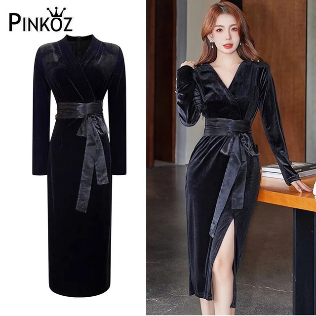 Pinkoz ベルベット黒レースアップ v ネック秋冬ドレスゴシックエレガントフレンチシック作業 OL ドレスサッシ ピンク ブラック