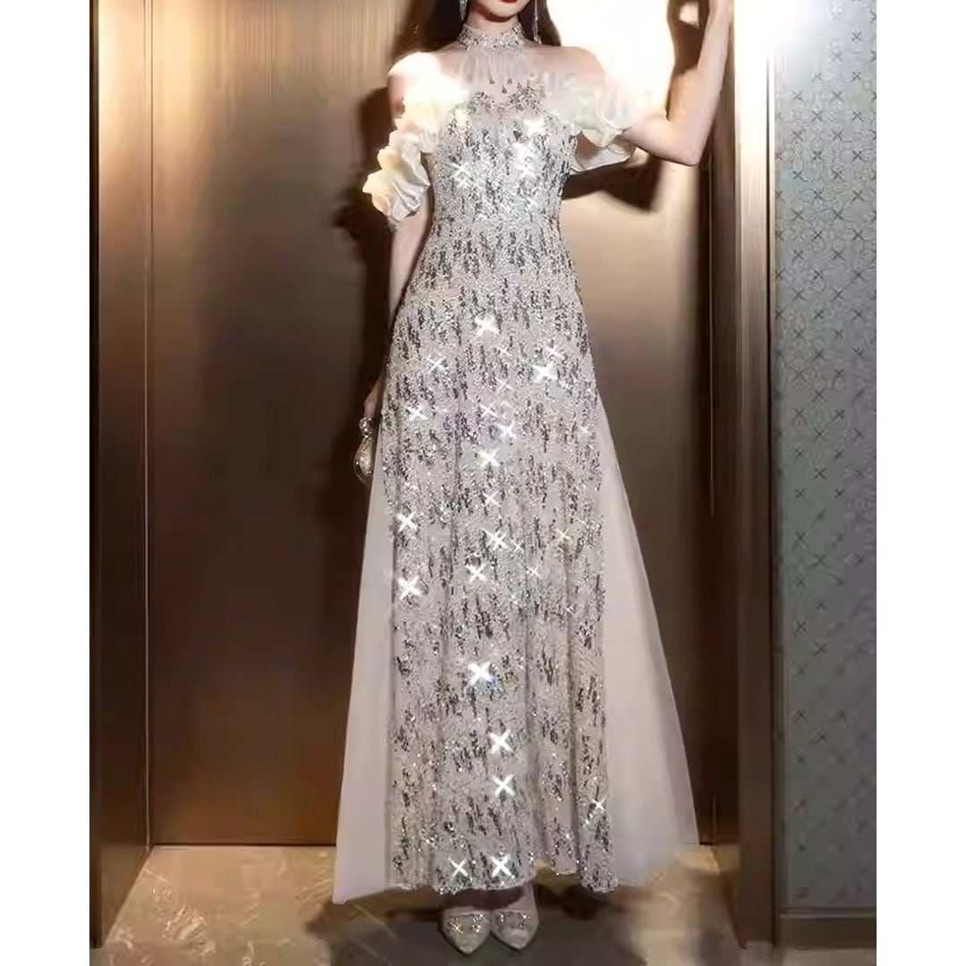 Puff Sleeve Slit Long Dress V3320