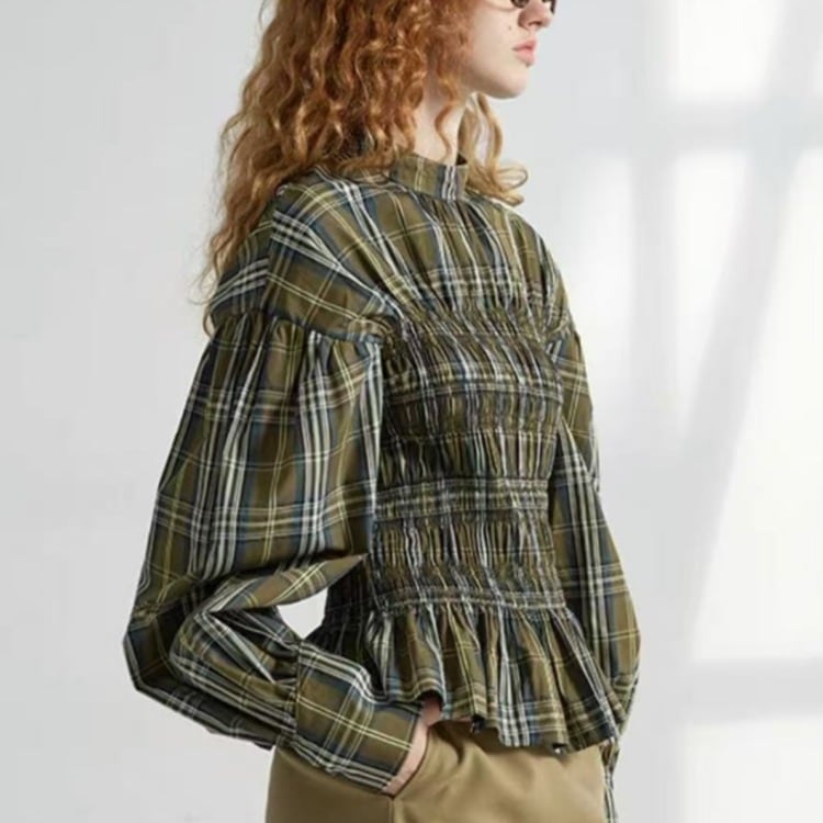 チェック柄 ギャザーデザイン パフスリーブ ブラウス 00618