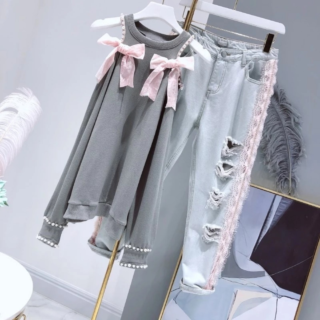 2カラー】グレー ホワイト オフショルダー パール スウェット tシャツ 
