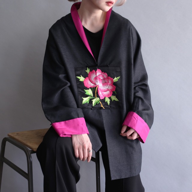 "睡蓮" box pattern china motif silk shirt