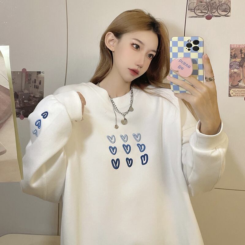 ホワイトラウンドネックセーター スプリングオータムルーズトップス 春物 秋物 Oネック スーパーモール75094621182