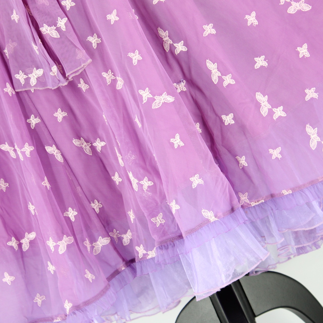 【美品 社交ダンス衣装】ワンピース ドレス 紫 パープル 花柄 レース 蝶 バタフライ かわいい 可愛い フェミニン 清楚 華やか